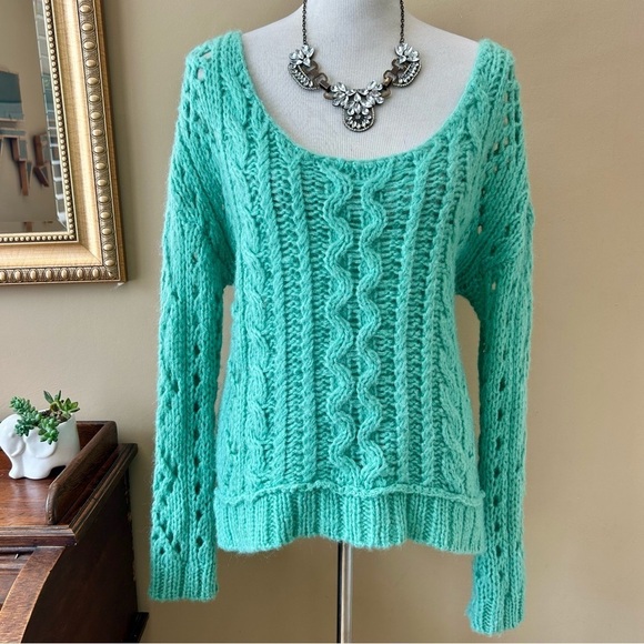 Free People Y2K Green Open Chunky Wool Mohair Blend Cable Knit Sweater Size M - Picture 2 of 16